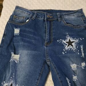 Dark Blue Distressed Jeans with Star Graphic